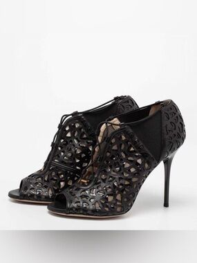 Jimmy Choo Black Tactic Laser Cut Peep Toe Booties 37.5